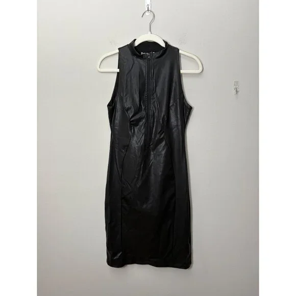 NEW Popilush Shapewear Sculpting Faux Leather Zip-Front Midi Dress Black Large - Picture 5 of 11